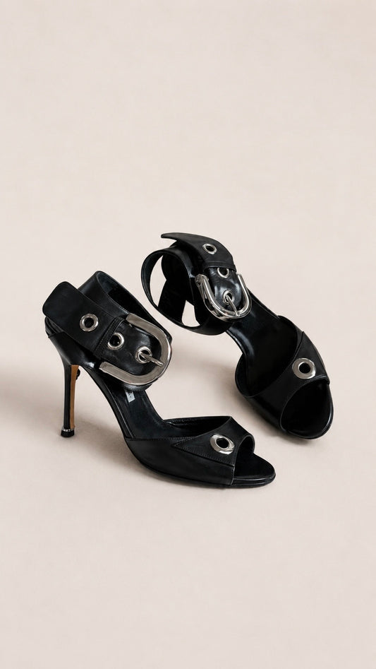 Manolo Blahnik Koyu Black Buckle Sandals (37 IT)