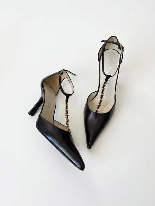 Chanel 2001 by Karl Lagerfeld Vintage Black Leather Chain T-Strap Heels (36.5 IT)