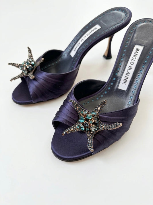 Manolo Blahnik Blue Igura Crystal Embellished Satin Mule Heels (36 IT)