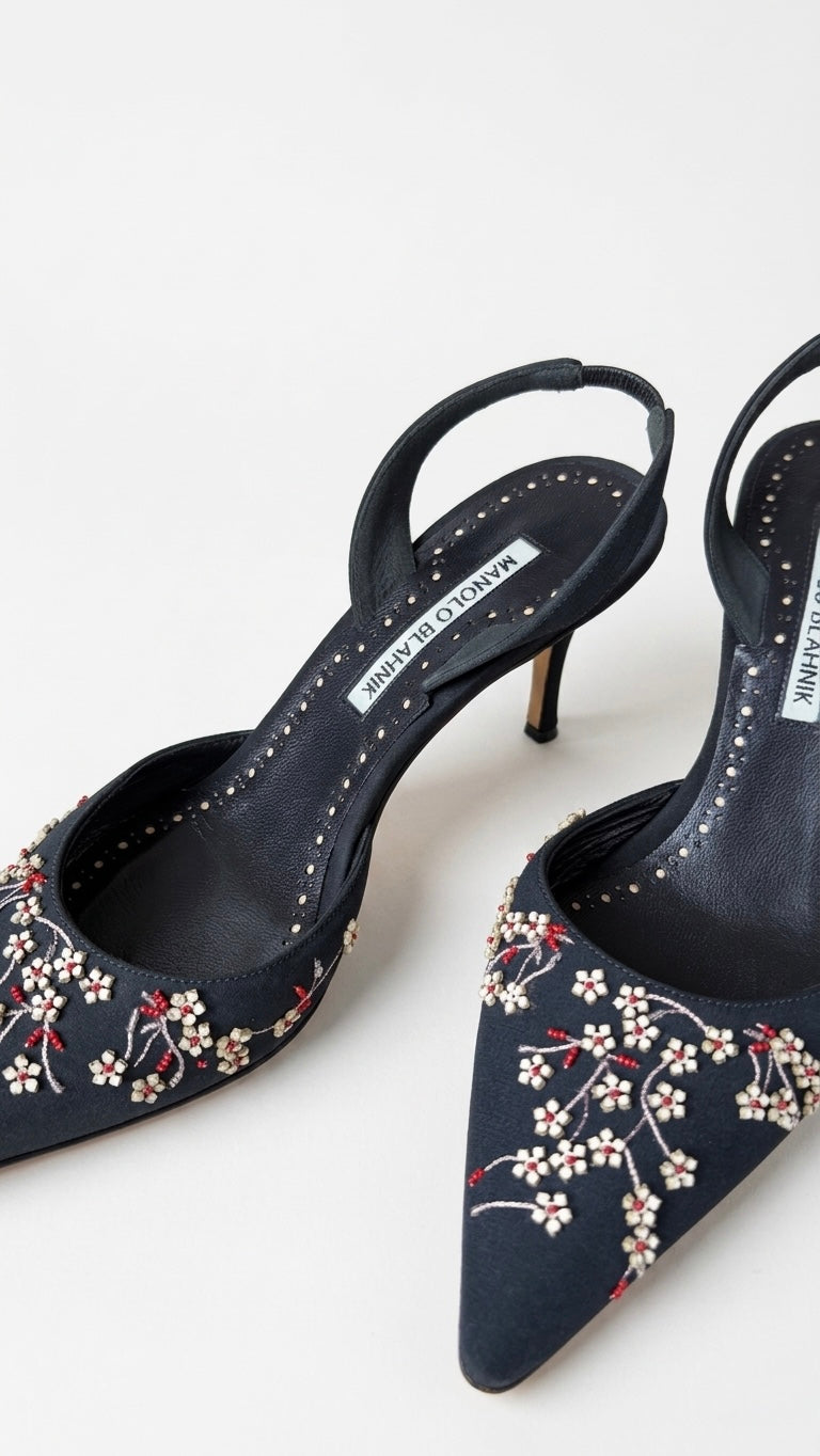 Manolo Blahnik Vintage Navy Floral Slingback Heels (36 IT)
