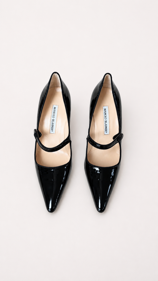 Manolo Blahnik Iconic Black Patent Leather Mary Jane Heels (38 IT)