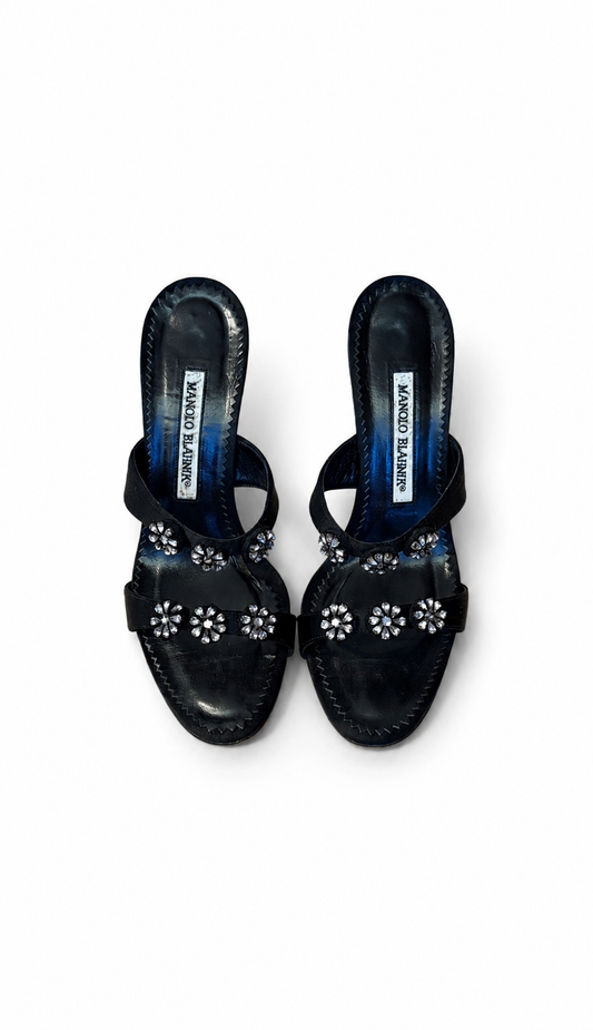 Manolo Blahnik Black Crystal Flower Mules (36.5 IT)