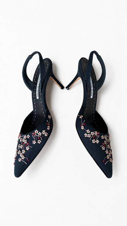 Manolo Blahnik Vintage Navy Floral Slingback Heels (36 IT)