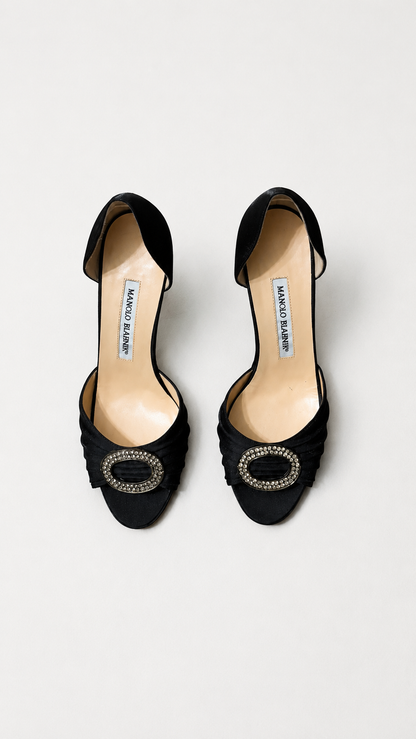 Manolo Blahnik Black Satin D'Orsay Pumps (37.5 IT)