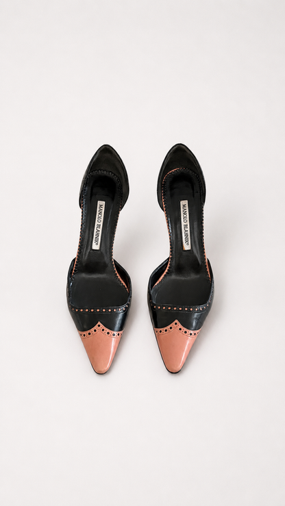 Manolo Blahnik Two-Toned Black & Pink Wingtip D'Orsay Pumps (IT 37.5)