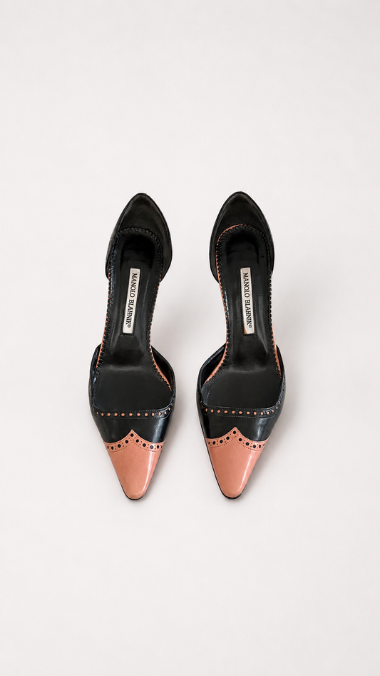 Manolo Blahnik Two-Toned Black & Pink Wingtip D'Orsay Pumps (IT 37.5)