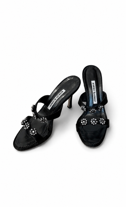 Manolo Blahnik Black Crystal Flower Mules (36.5 IT)