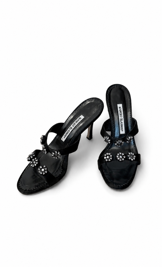Manolo Blahnik Black Crystal Flower Mules (36.5 IT)
