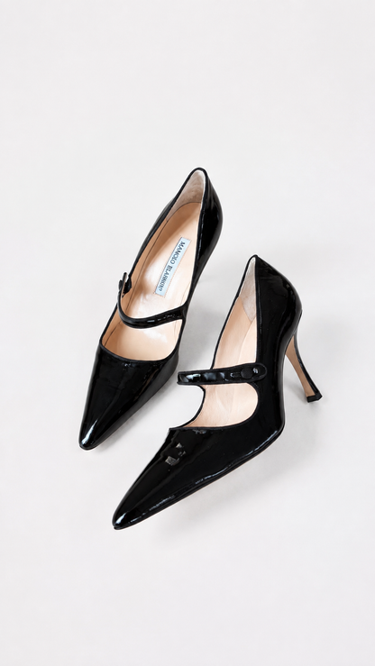 Manolo Blahnik Iconic Black Patent Leather Mary Jane Heels (38 IT)