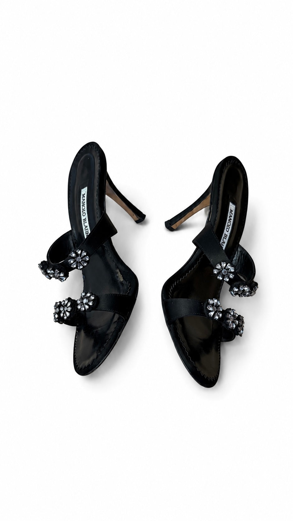 Manolo Blahnik Black Crystal Flower Mules (36.5 IT)
