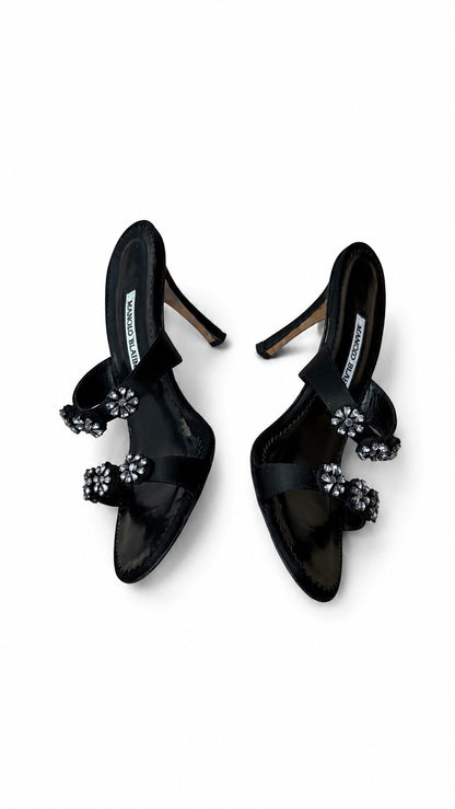 Manolo Blahnik Black Crystal Flower Mules (36.5 IT)