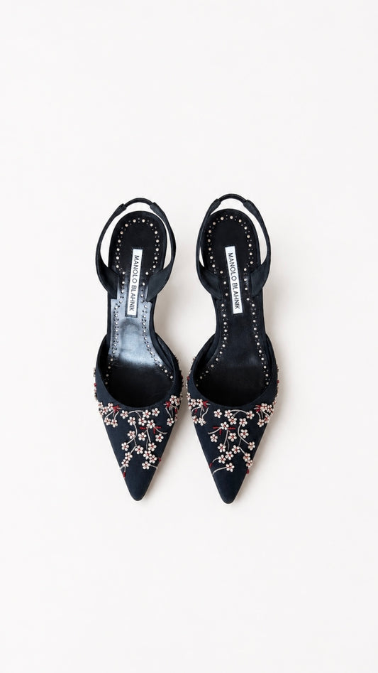 Manolo Blahnik Vintage Navy Floral Slingback Heels (36 IT)