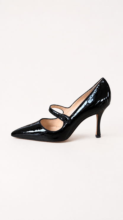 Manolo Blahnik Iconic Black Patent Leather Mary Jane Heels (38 IT)