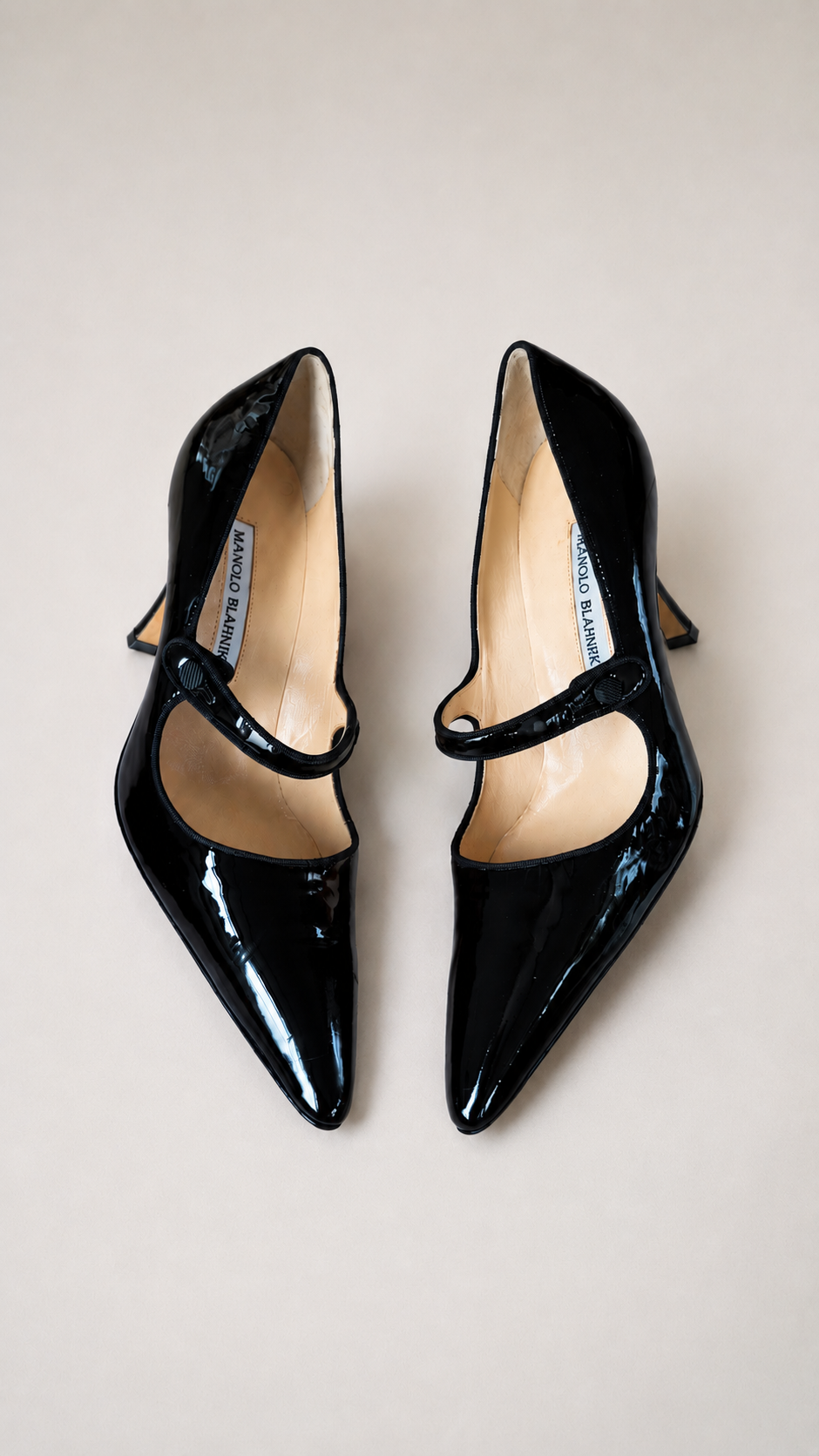 Manolo Blahnik Iconic Black Patent Leather Mary Jane Heels (38 IT)