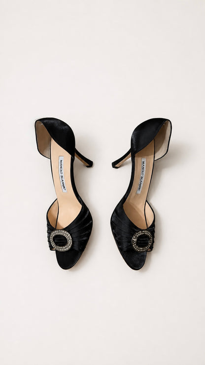 Manolo Blahnik Black Satin D'Orsay Pumps (37.5 IT)