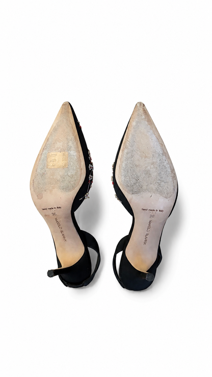 Manolo Blahnik Vintage Navy Floral Slingback Heels (36 IT)