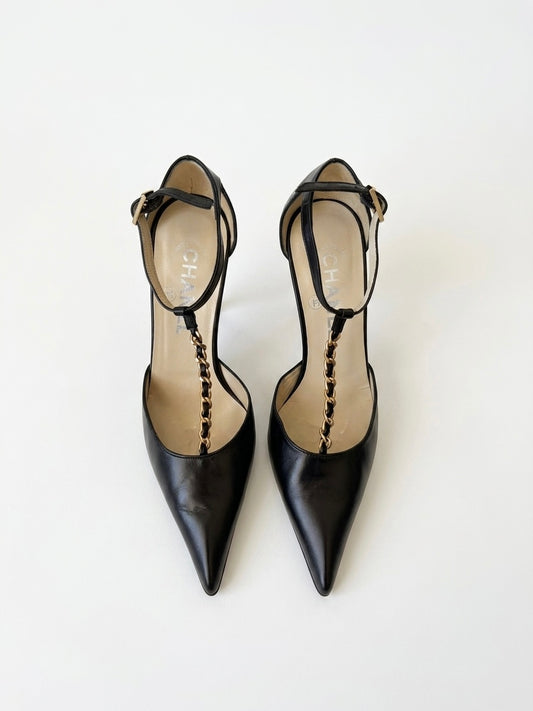 Chanel 2001 by Karl Lagerfeld Vintage Black Leather Chain T-Strap Heels (36.5 IT)