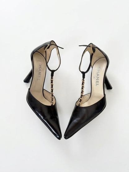 Chanel 2001 by Karl Lagerfeld Vintage Black Leather Chain T-Strap Heels (36.5 IT)