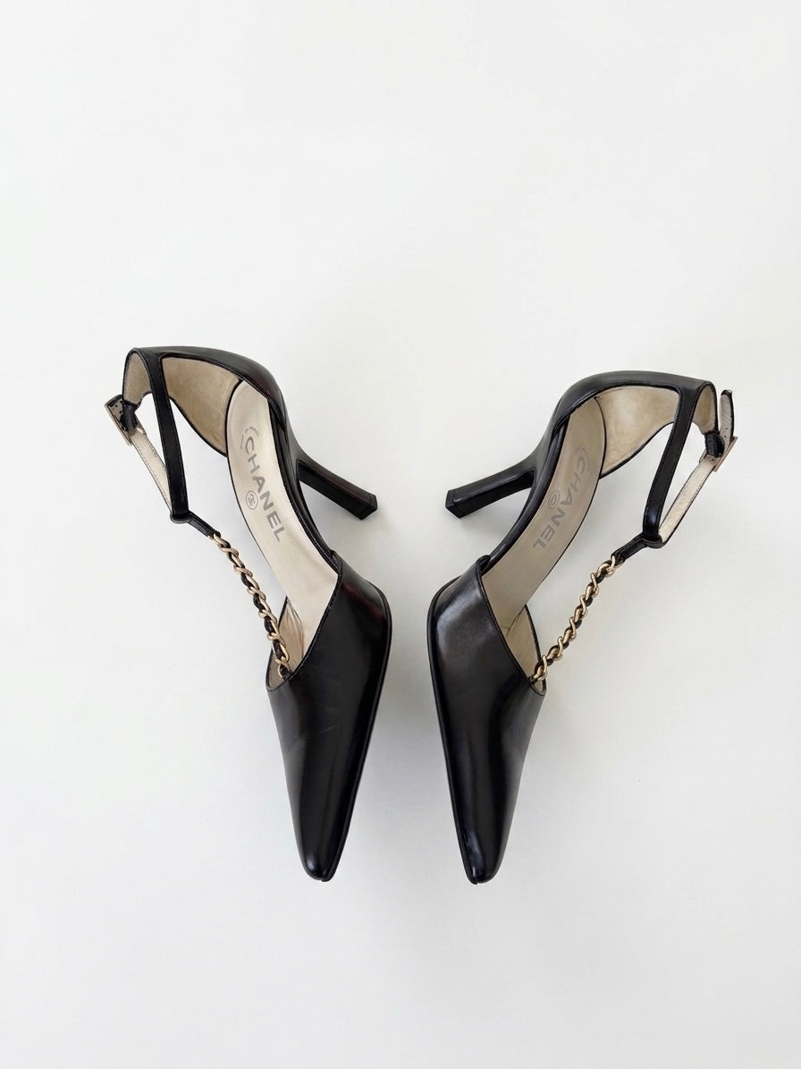 Chanel 2001 by Karl Lagerfeld Vintage Black Leather Chain T-Strap Heels (36.5 IT)