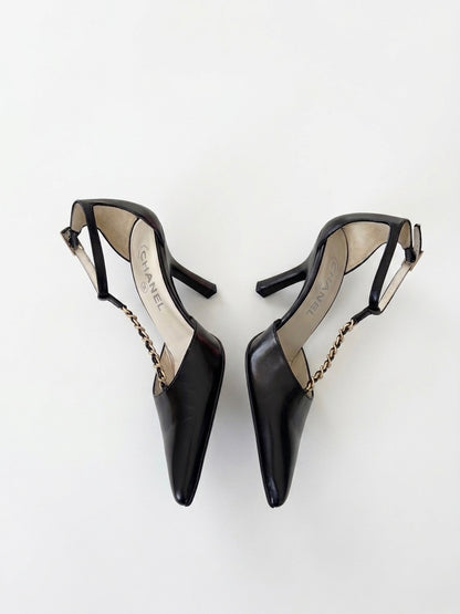 Chanel 2001 by Karl Lagerfeld Vintage Black Leather Chain T-Strap Heels (36.5 IT)
