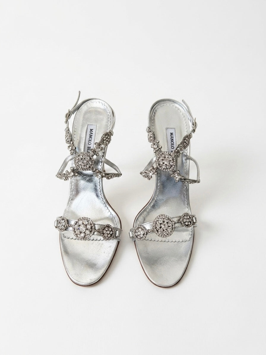 Manolo Blahnik Silver Crystal Embellished Sandal Heels (39 IT)