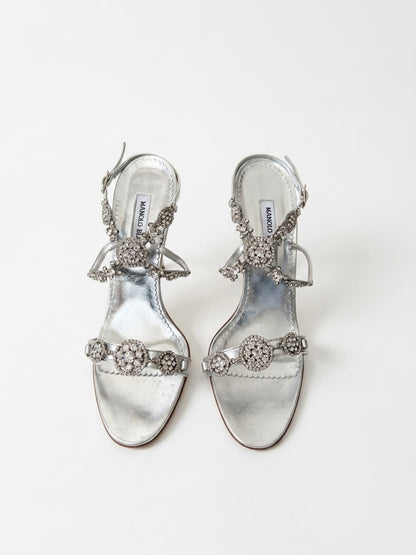 Manolo Blahnik Silver Crystal Embellished Sandal Heels (39 IT)