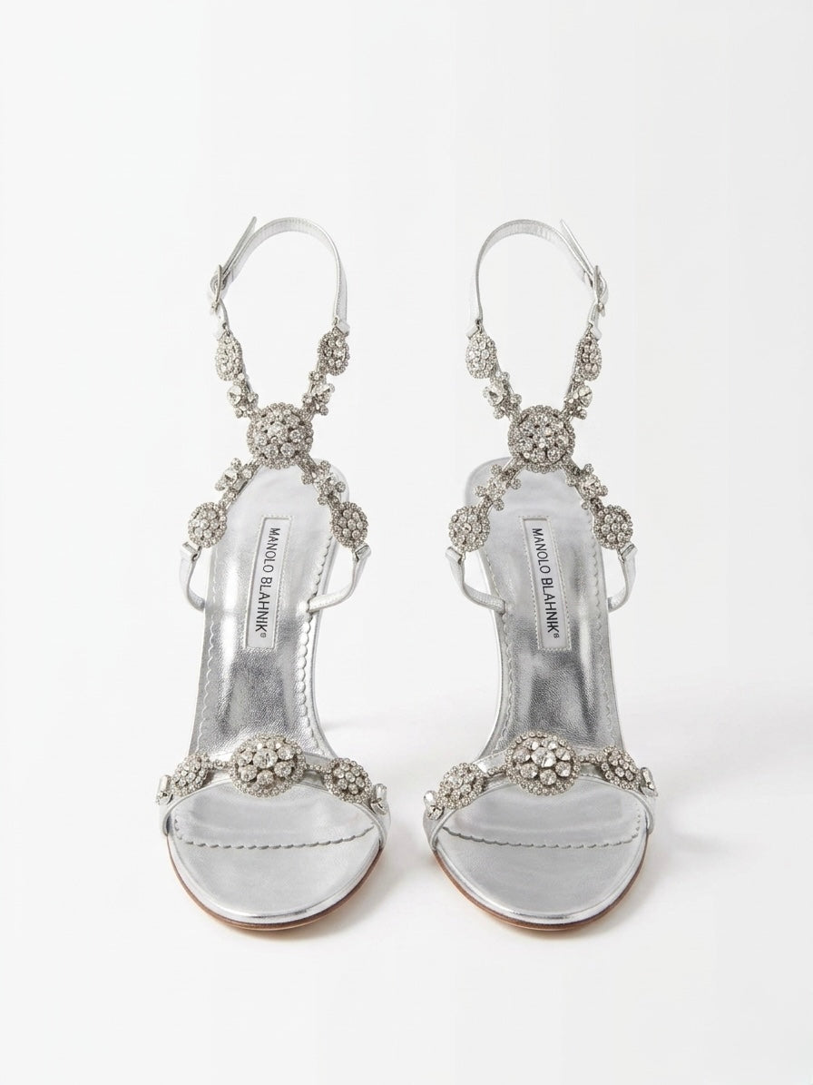 Manolo Blahnik Silver Crystal Embellished Sandal Heels (39 IT)