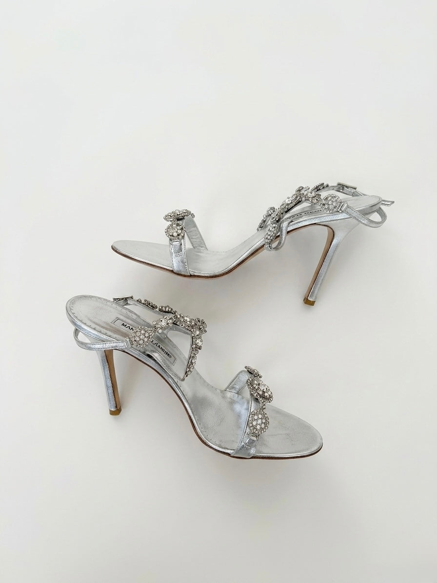 Manolo Blahnik Silver Crystal Embellished Sandal Heels (39 IT)