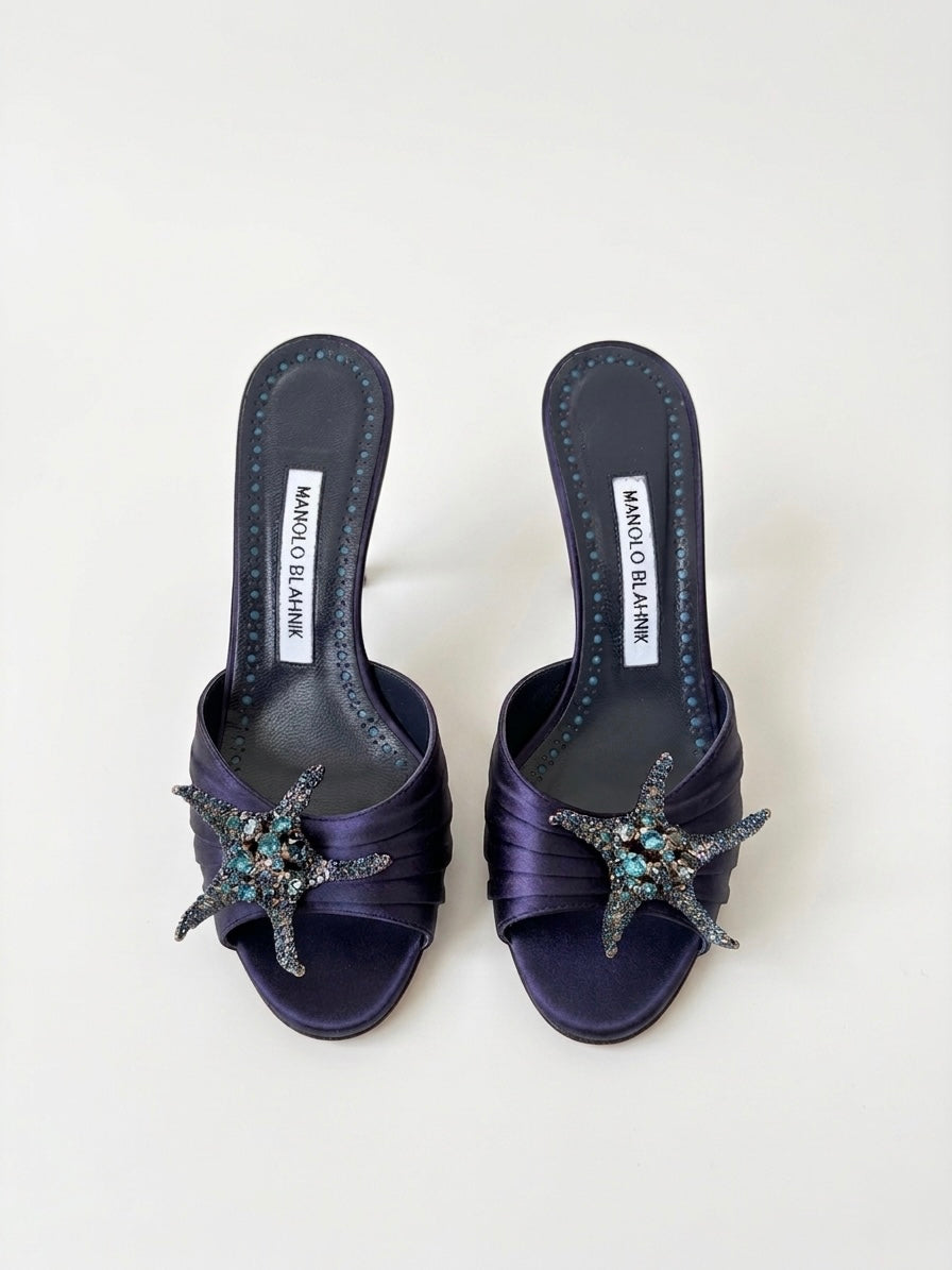 Manolo Blahnik Blue Igura Crystal Embellished Satin Mule Heels (36 IT)