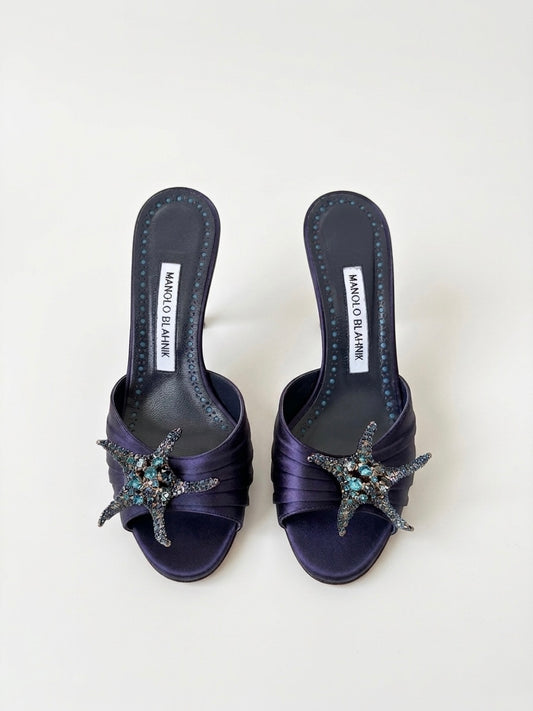 Manolo Blahnik Blue Igura Crystal Embellished Satin Mule Heels (36 IT)