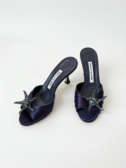 Manolo Blahnik Blue Igura Crystal Embellished Satin Mule Heels (36 IT)