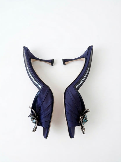 Manolo Blahnik Blue Igura Crystal Embellished Satin Mule Heels (36 IT)