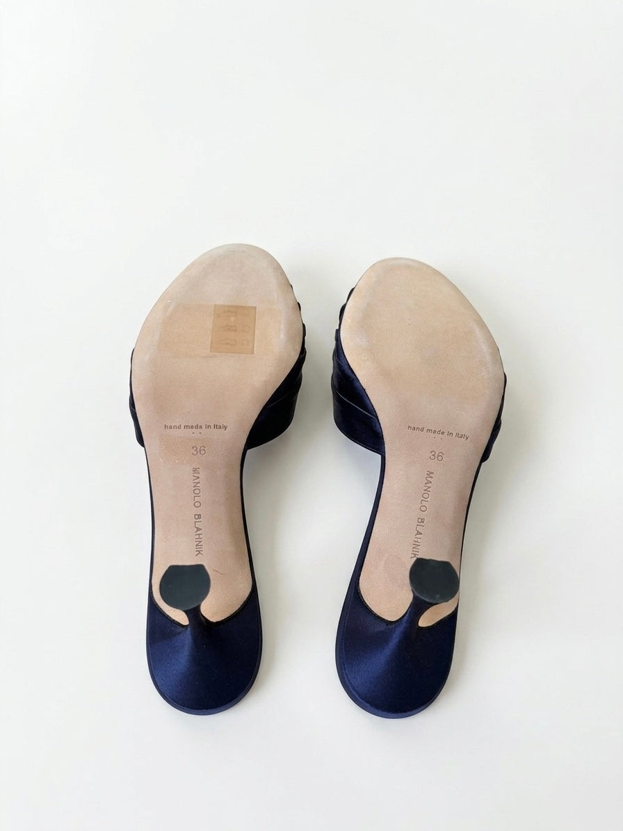Manolo Blahnik Blue Igura Crystal Embellished Satin Mule Heels (36 IT)