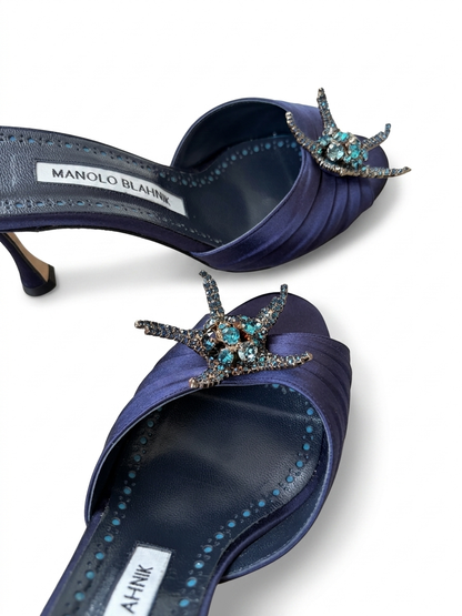 Manolo Blahnik Blue Igura Crystal Embellished Satin Mule Heels (36 IT)