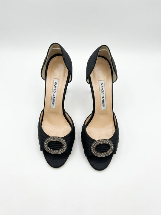 Manolo Blahnik Black Satin D'Orsay Pumps (37.5 IT)