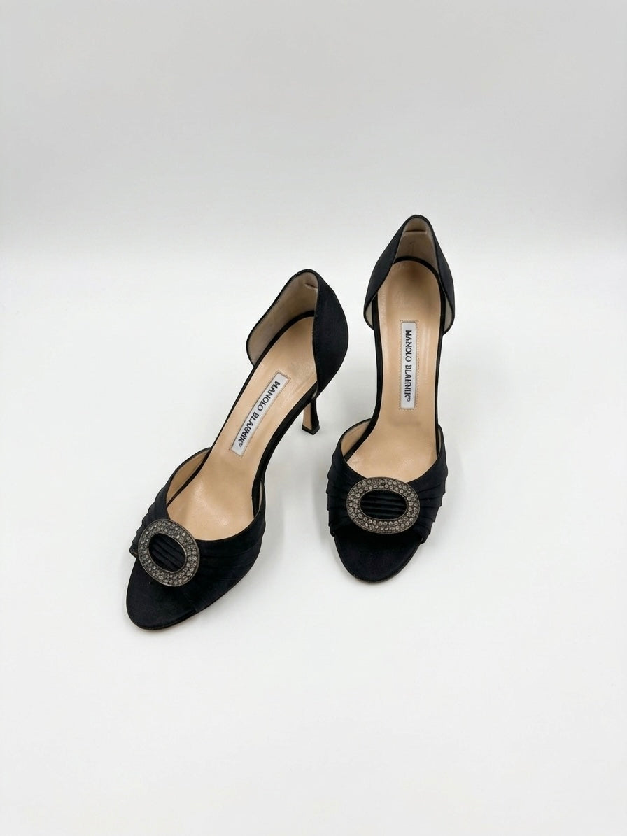 Manolo Blahnik Black Satin D'Orsay Pumps (37.5 IT)