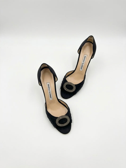Manolo Blahnik Black Satin D'Orsay Pumps (37.5 IT)