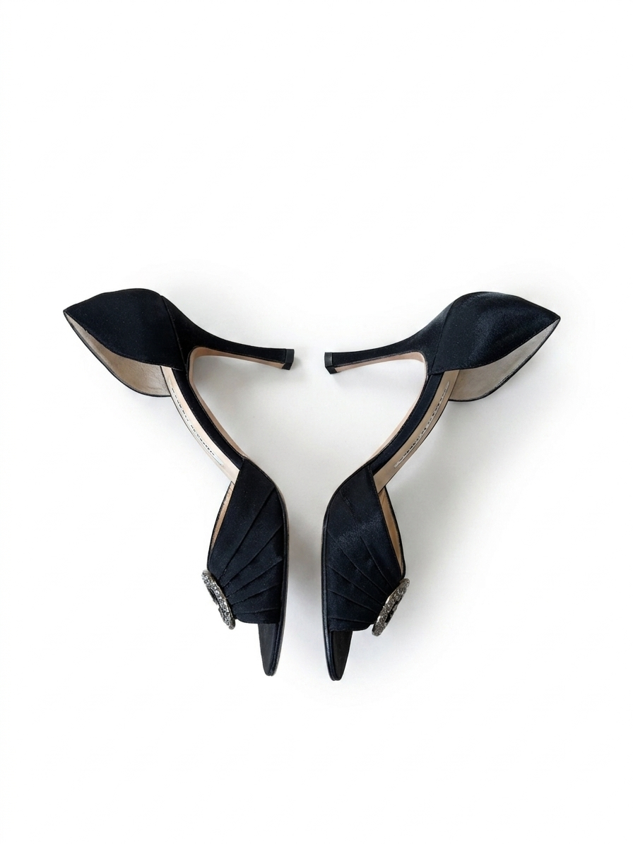 Manolo Blahnik Black Satin D'Orsay Pumps (37.5 IT)