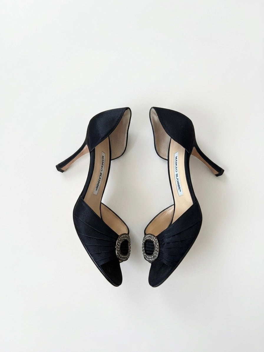 Manolo Blahnik Black Satin D'Orsay Pumps (37.5 IT)