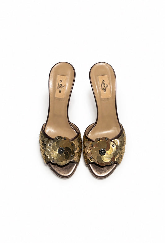 Valentino Garavani Vintage Gold Sequin Embellished Floral Mule Heels (39 IT)