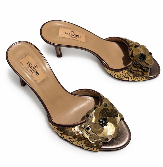 Valentino Garavani Vintage Gold Sequin Embellished Floral Mule Heels (39 IT)